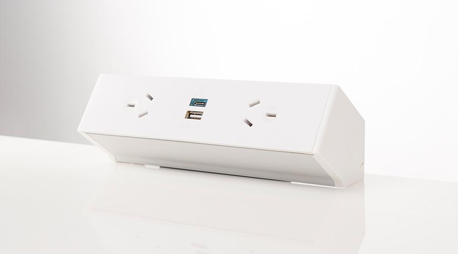 OE Elsafe Qiksilva 35 unit featuring 2 x GPO and TUF A+C charger with a desktop clamp bracket, designed for modern office use.